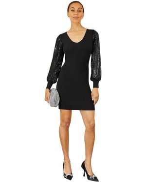 Yumi' Knitted Fitted Dress With Sequin Sleeves - Black