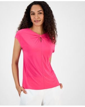 Kasper Scrunch-front Cap-sleeve Top - Pink