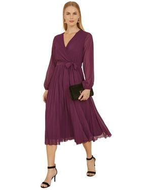 Yumi' Long Sleeved Pleated Midi Wrap Dress - Purple