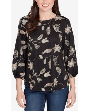 Ruby Rd. Petite Metallic Embroidered Floral Top - Black