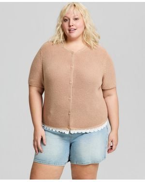 And Now This Trendy Plus Size Short-sleeve Crewneck Cardigan - Blue