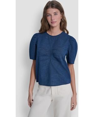 DKNY Petite Puff-sleeve Crewneck Ruched Front Shirt - Blue