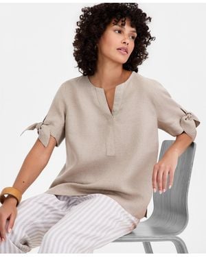 Charter Club 100% Linen Split-neck Tie-cuff Top - Gray