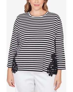 Ruby Rd. Plus Size Crew Neck Stripe Cotton Lace Applique Top - Black