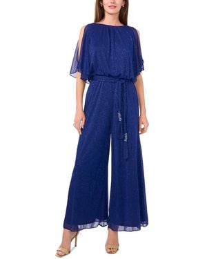 Msk Glitter-chiffon Blouson Wide-leg Jumpsuit - Blue
