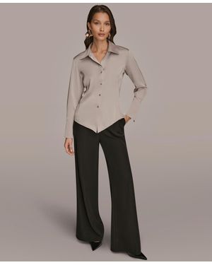 Donna Karan Petite Long-sleeve Pointy Hem Blouse - Gray