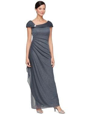 Alex Evenings Petite L-neck Glitter-mesh Long Dress - Blue