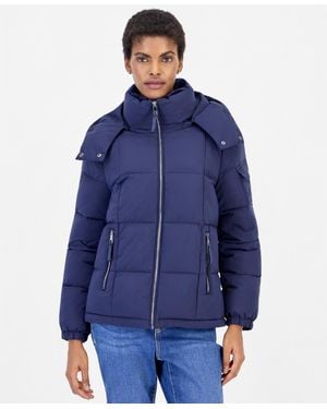 Calvin Klein Hooded Short Faux Fur Collar Puffer Coat - Blue