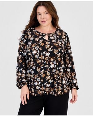Anne Klein Essentials Plus Size Keyhole-neck Long-sleeve Knit Top - Black