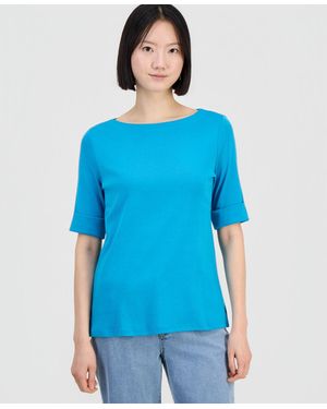 Style & Co. Boat-neck Elbow Sleeve Cotton Top - Blue