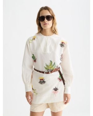 Scotch & Soda Embroidered Long Sleeve Cotton And Linen Shift Dress - Green