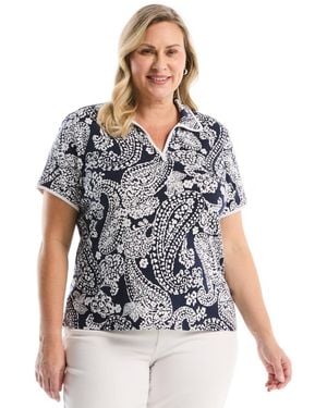 Rafaella Plus Size Paisley Print Contrast Trim Johnny Collar Short Sleeve Polo Shirt - Gray