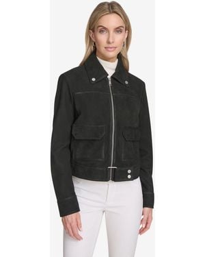 Andrew Marc Lunetta Sueded Leather Trucker Jacket - Black