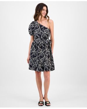 Anne Klein Embroidered Cotton Asymmetric One-shoulder Fit & Flare Dress - Blue