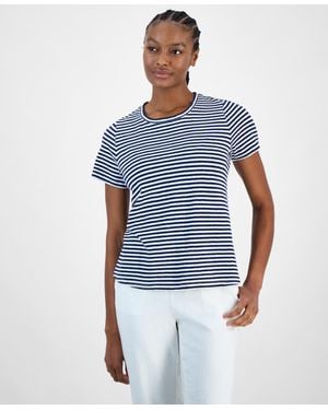 Charter Club Striped Crewneck Short-sleeve Linen-blend Top - Blue
