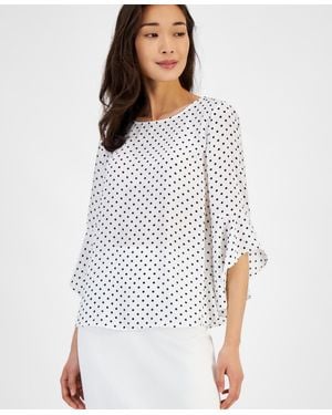 Kasper Petite Dot-print Crewneck Ruffle-sleeve Top - White