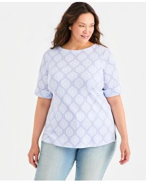 Style & Co. Plus Size Printed Boat-neck Elbow-sleeve Top - Blue
