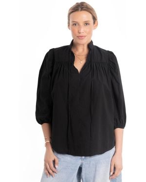 ocean + main Ocean+main Ocean+main Cotton Tie Neck 3/4 Sleeve Top - Black