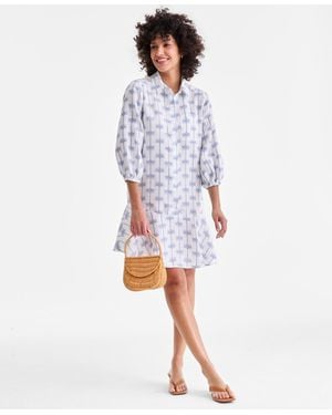 Charter Club 100% Linen Print Button-front 3/4-sleeve Dress - White