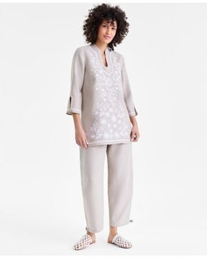 Charter Club 100% Linen Embroidered 3/4-sleeve Tunic - White