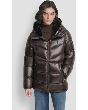 DKNY Shine Hooded Puffer Coat - Brown