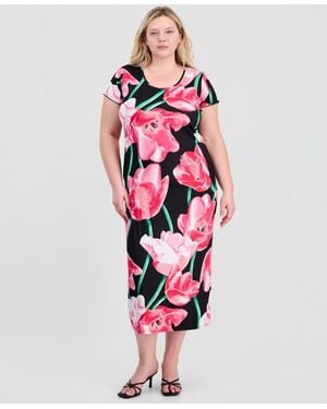 FULL CIRCLE TRENDS Trendy Plus Size Printed Short-sleeve Midi Dress - Red