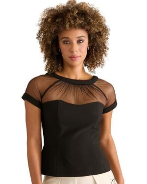 Muse Illusion Mesh Yoke And Sleeve Crewneck Top - Black