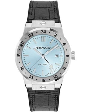 Ferragamo Stainless Steel Leather Strap Gmt Watch 41mm - Gray