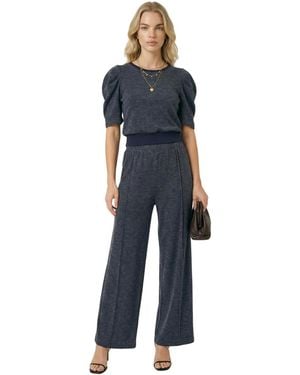 Modenaire Puff Sleeve Knit Top And Wide Leg Pants Set - Blue