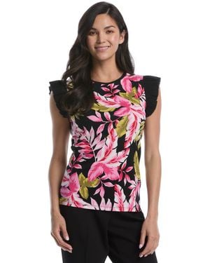 Rafaella Petite Tropical Print Ruffle Cap-sleeve Top - Red