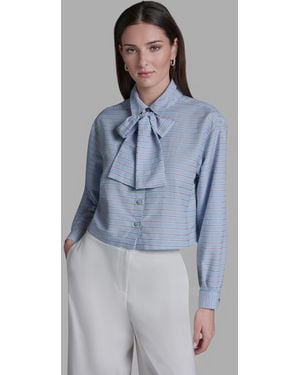 BCBGMAXAZRIA Tie-neck Long-sleeve Stripe Blouse - Blue