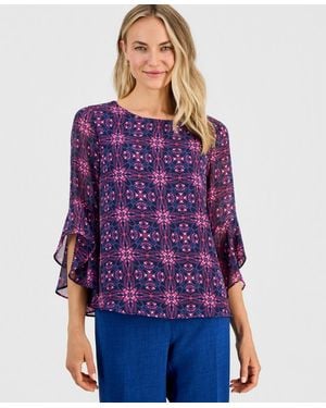 Kasper Petite Ruffle-sleeve Boat Neck Blouse - Purple
