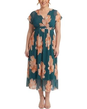 London Times Plus Size Pleated Surplice-neck Fit & Flare Dress - Blue