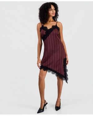 BarIII Pinstripe V-neck Lace-trim Satin Dress - Red