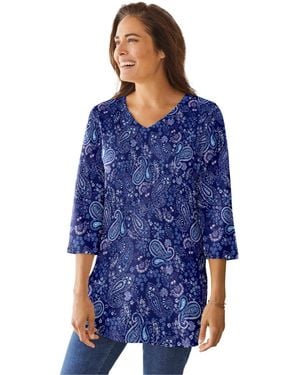 Woman Within Within Perfect Printed Three-quarter-sleeve V-neck Tunic - Blue