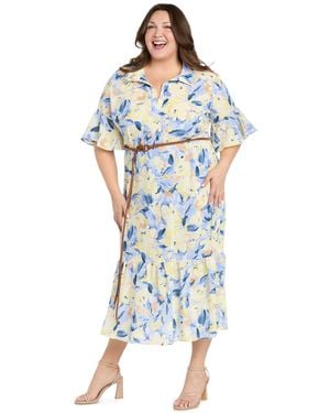 R & M Richards Plus Size Belted Maxi Shirt Dress - Blue
