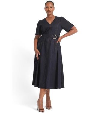 Estelle Lyra V-neck Belted Fit Flare Denim Midi Dress - Blue