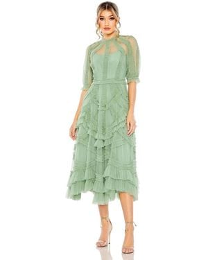 Mac Duggal High Neck Puff Sleeve Ruffle Tiered Dress - Green