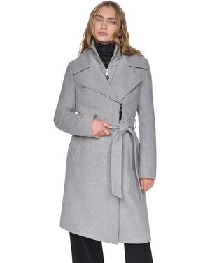 DKNY Faux-leather Trimmed Assymetrical Wrap Coat - Gray