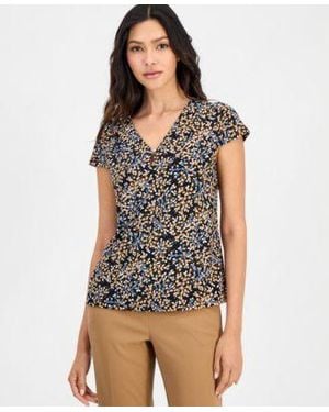 Anne Klein Essentials Printed Pleated Neck Cap Sleeve Top - Multicolor