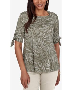Ruby Rd. Petite Leaf Puff Print Knit Tie Sleeve Top - Gray