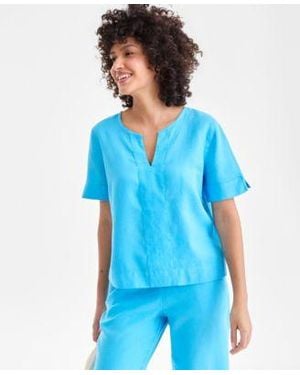Charter Club Split Neck 100 Linen Top Exclusively At Macys - Blue