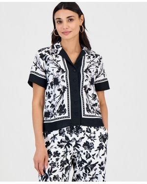 INC International Concepts Petite Linen-blend Printed Short-sleeve Button-up Shirt - Blue