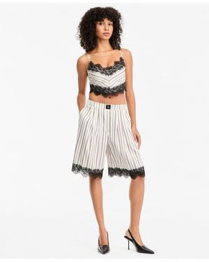 BarIII Pinstripe Satin High-waisted Lace-trim Shorts - White