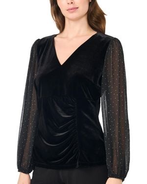 Msk Petite Surplice Wrap Long-sleeve Velvet Top - Black