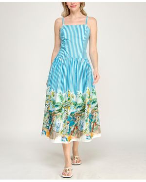 Invitee Square Neck Drop Waist Midi Dress - Blue