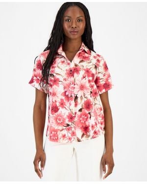 Anne Klein Essentials Petite Printed Short-sleeve Button-front Shirt - Red