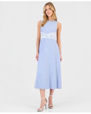 Anne Klein Linen-blend Lace-trim A-line Midi Dress - Blue