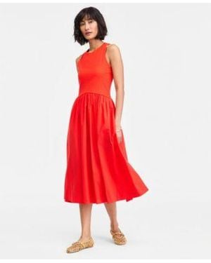 On 34th Curved Waist Mixed Media Midi Dress Macys Exclusive - Red