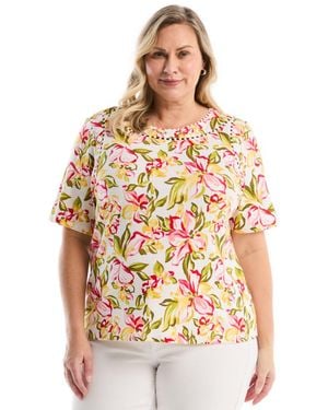 Rafaella Plus Size Petal Print Pom Trim Detail Short-sleeve Top - Gray